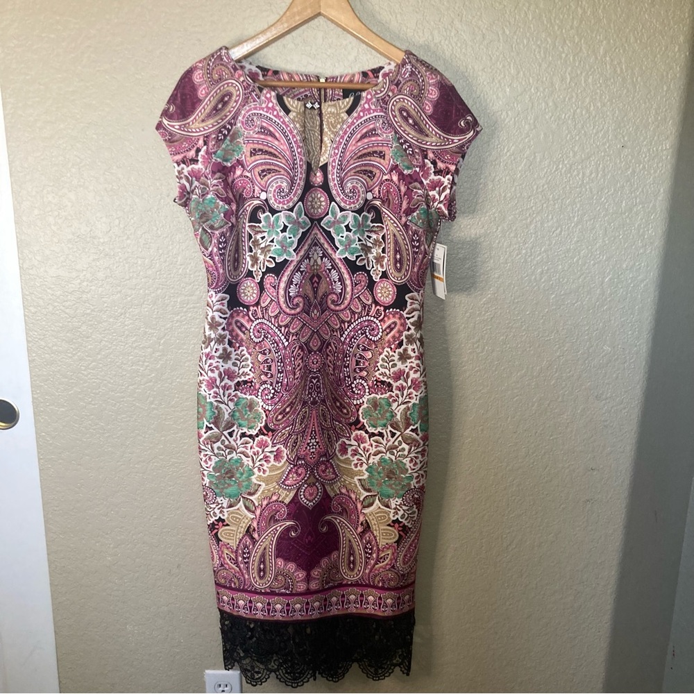 ECI Boho Retro Paisley Pink Fitted Shift Dress Career Party Cocktail Size Small